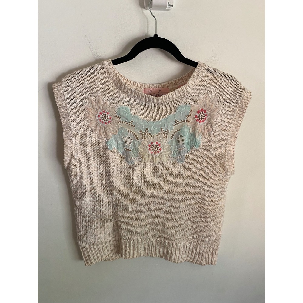 Jaclyn Smith Vintage Floral Embroidered Sweater Vest Cream Ramie Cotton 5324